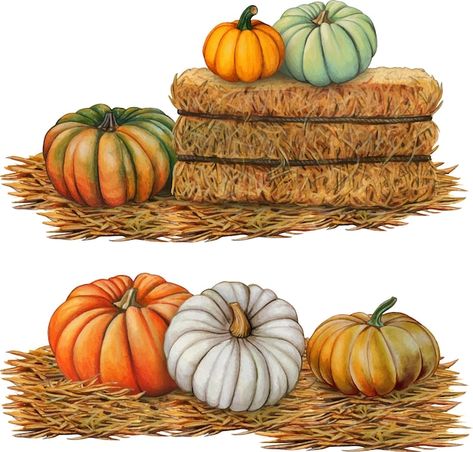 Watercolor Hay Bales, How To Paint Hay Bales, Hay Bales And Pumpkins, Painted Hay Bales, Window Mural, Vintage Banner, Pumpkin Illustration, Sheep Art, Hay Bales