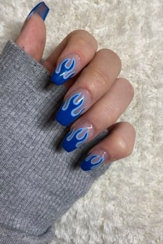 Blue Fire Nails Designs, One Hand Red One Hand Blue Nails, Electric Blue Nail Designs, Hades Nails Disney, Bright Blue Nail Designs, Nail Art Blue Electric, Blue Themed Nails, Blue Fire Nails, Hades Nails