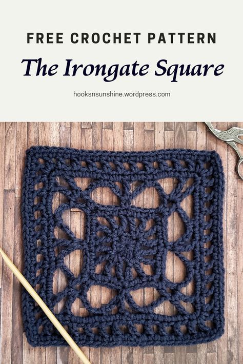 This free crochet pattern is a wonderfully intricate yet simple to make granny square! The Irongate Square is part of #sundaysquares in which a new square pattern is released by hooks & sunshine each week. #crochetsquare #freecrochetpattern Lace Granny Square Pattern Free, Treble Crochet Granny Square, Lacey Granny Square Crochet Pattern Free, Open Square Crochet Stitch, Granny Square Written Pattern Free, Crochet Thread Granny Square, Open Granny Square Crochet, Lacy Crochet Squares, 6x6 Granny Square Patterns