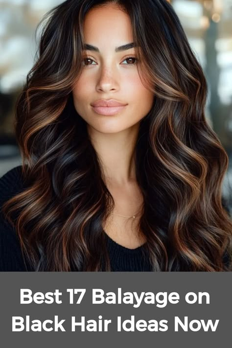 Black hair with balayage is a striking way to highlight natural beauty, ideal for short straight hair or curly textures. This hand-painted technique creates depth and dimension, giving a soft sun-kissed appearance. Caramel balayage brings warmth to sleek, short styles, while red balayage adds a bold touch. Curly hair benefits greatly, as the highlights bring out each curl, creating a lively and textured look that enhances the natural movement of the hair. Caramel Balayage For Black Hair, Balayage For Dark Brown Hair Medium, Color Hair Ideas For Black Hair, Dark Brown Hair With Contrast, Black Hair With Mahogany Highlights, Adding Dimension To Black Hair, Soft Highlights For Black Hair, Red Brown Highlights On Dark Hair, Black Hair With Lowlights Caramel