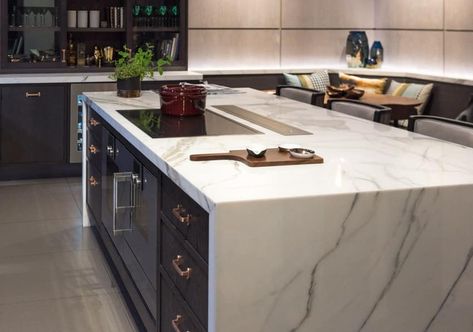 Electric Cooktop Kitchen, Marble Top Kitchen, Stove Countertop, Kitchen Remodel Trends, Kitchen Island Range, Countertop Drawers, Marble Top Kitchen Island, Kitchen Island With Cooktop, Waterfall Island Kitchen