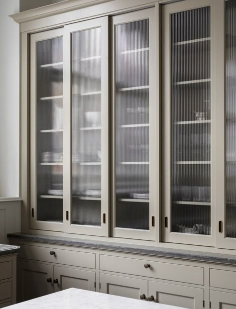 Glass Upper Cabinets, Sliding Cabinet Doors, Reeded Glass, Butlers Pantry, Upper Cabinets, Kitchen On A Budget, Interior Kitchen, Glass Kitchen, Kitchen Cupboards