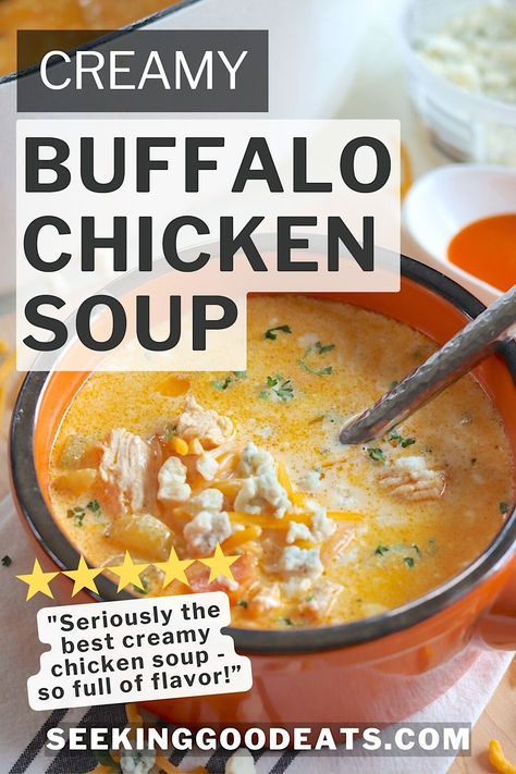 Buffalo wing soup in an orange bowl with blue cheese and cheddar cheese on top. Buffalo Soup, Recipes Using Bacon, Cabbage Soup Diet Plan, Chicken Soup Crockpot, Spicy Chicken Soup, Buffalo Chicken Chili, Chicken Chowder, Buffalo Chicken Soup, Chicken Soup Recipe