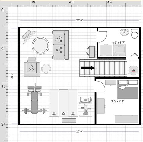 500 sq ft (25' x 20') basement floor plan Tiny Basement Living Room Ideas, 700 Sq Ft Basement Ideas, 500 Sq Ft Basement Ideas, Basement Layout Floorplan, Finished Basement Floor Plans, Enclosed Garage, Home Theater Basement, Basement Refinishing, Basement Bathroom Remodeling