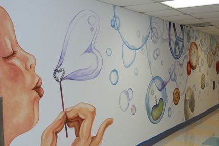 Really cool idea. You could put ANYTHING in those bubbles! Hospital Mural Wall Art, Wellbeing Room, Hospital Mural, Office Mural, Wall Murals Diy, Diy Mural, High School Art Projects, School Wall Art, School Murals