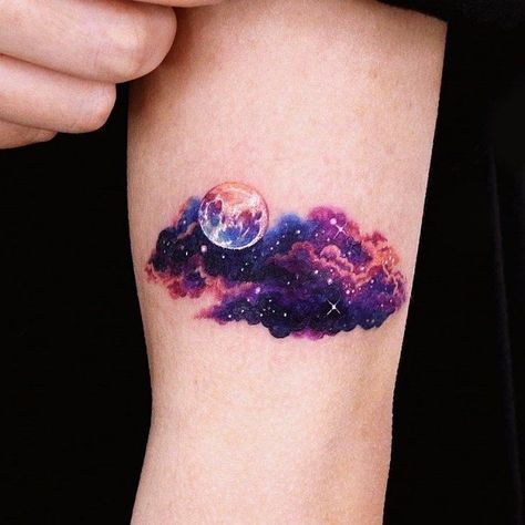 Tattoo Quirky, Coverup Wrist Tattoos For Women, Watercolor Galaxy Tattoo, Pixie Tattoo, Cover Up Tattoos For Women, Best Cover Up Tattoos, Sky Tattoos, Wrist Tattoo Cover Up, Galaxy Tattoo