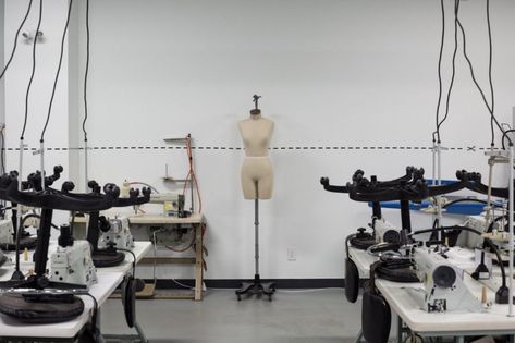 A view of sewing stations and other equipment at the George Brown Fashion Exchange factory in Regent Park. Fashion Manufacturing, Regents Park, Brown Fashion, Fashion Designers, Sewing, Fashion Design, Design