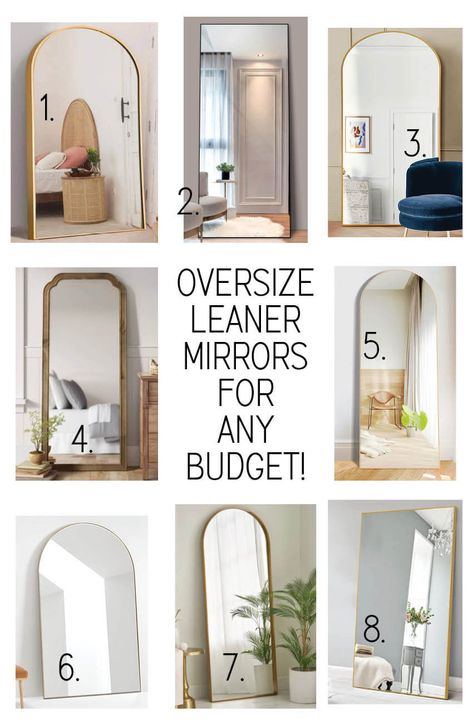 Large Leaning Mirror Bedroom, Full Length Mirror In Foyer, Living Room With Full Length Mirror, Large Oversized Mirror, Floor Mirror Placement In Bedroom, Entryway Ideas Floor Mirror, Bedroom Floor Mirror Ideas, How To Style A Floor Mirror, Leaning Mirror Entryway