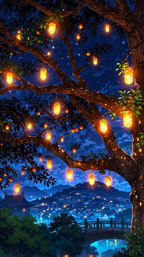 A mesmerizing animation of lanterns floating against a twilight sky, casting warm golden glows in a serene ambiance. Sky Lanterns Wallpaper, Lantern Pictures, Magical Lantern, Lantern Aesthetic, Glowing Lantern, Lantern Wallpaper, Large Landscape Painting, Asian Wallpaper, Lantern Art