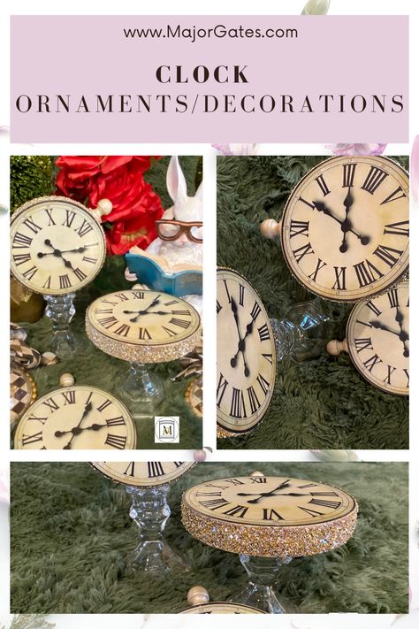 Make these easy and beautiful clocks for Alice In Wonderland, New Years, Wedding Centerpieces or other timeless themed decorating. #Onederland #PartyDecorations #PartyIdeas Alice In Wonderland Rabbit Clock Diy, Alice In Wonderland Clock Diy, Mad Hatter Decorations Diy, Alice In Wonderland Christmas Ornaments Diy, Clock Centerpiece Wedding, Alice In Wonderland Table Decorations Centerpieces, Alice In Wonderland Tree Christmas, Alice In Wonderland Party Centerpieces, Alice In Wonderland Garden Ideas Diy