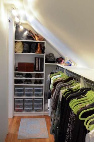 Slanted Ceiling Closet, Attic Bedroom Ideas, Attic Wardrobe, Attic Bedroom Storage, Slanted Walls, Attic Closet, Attic Bedroom Designs, Slanted Ceiling, Attic Ideas