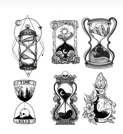 Hourglass Back Tattoo, Spooky Inspired Tattoos, Fill Ins For Sleeve Tattoos, Moon Clock Tattoo, Snake Hourglass Tattoo, Apothecary Tattoo Ideas, Hourglass Tattoo Stencil, Fall Halloween Tattoos, Witchcraft Art Drawing