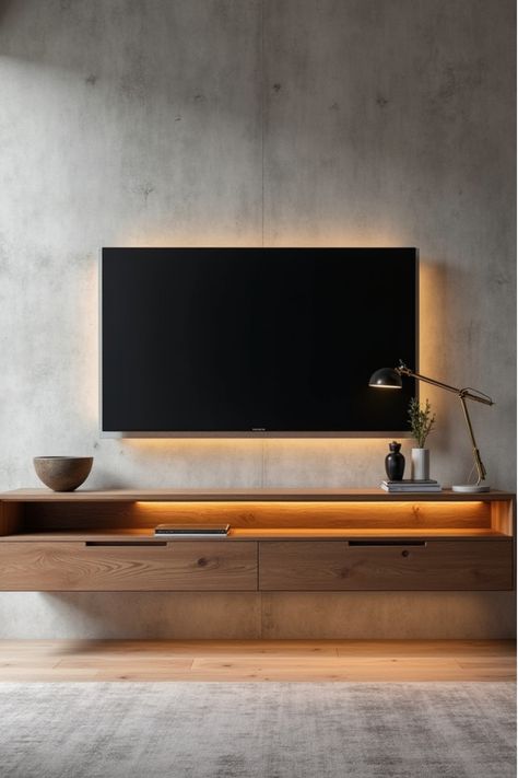 Floating wooden media console with LED lighting against a concrete wall Floating Media Shelf, Floating Media Console, Floating Tv Cabinet, Floating Tv Console, Low Profile Sofa, Media Units, Floating Entertainment Center, Metal Shelving Units, Modern Living Room Furniture