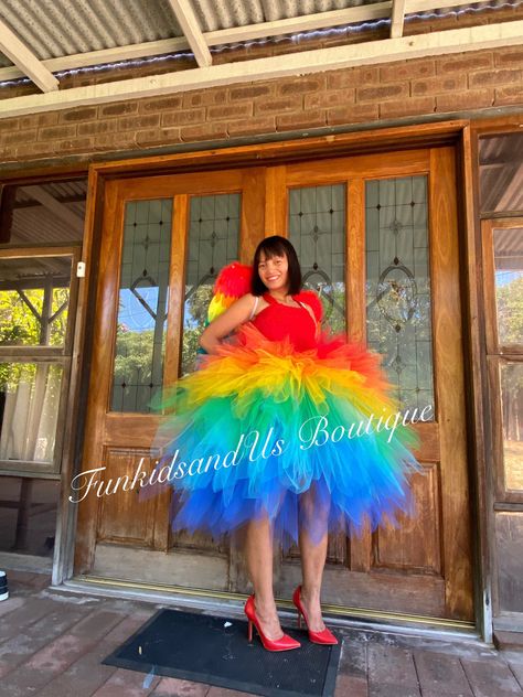 Adult Bird Costume Tutu Dress with Bird wings - Adult Rainbow Costume - festival Costme Parrot Costume Women, Parrot Halloween Costume Woman, Carnival Bird Costume, Women’s Parrot Costume, Fun Multicolor Tutu Dress For Dress-up, Red Crochet Top, Rainbow Costumes, Yellow Tutu, Bird Costume