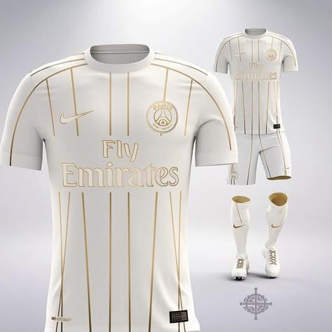 What if... Nike did a white and gold away kit for PSG? Is this an early look at Nike's next PSG away kit? Soccer Uniforms Design, Soccer Shirts Designs, Football Shirt Designs, Gold Nike, Jerseys Football, Sport Shirt Design, Design Jersey, Sports Jersey Design, Soccer Uniforms