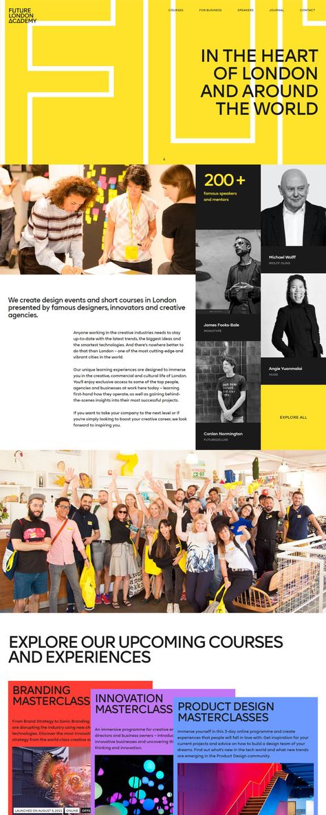 Future London Academy | eCommerce Website Design Gallery & Tech Inspiration Example Of Website, Future London, Event Layout, Tech Inspiration, Creative Website Design, Event Website, Website Ideas, Short Courses, Ecommerce Website Design