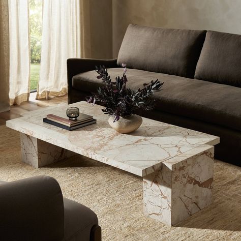 The Romano Coffee Table is the perfect blend of modern design and natural beauty, with its sleek marble construction and eye-catching cradle bases. This statement piece will instantly elevate your living room decor, adding a touch of elegance and sophistication. Show off your unique style with this one-of-a-kind table that is sure to be the center of attention in any room. Marble Sheets, Miami House, Living Room Ideas Apartment, Dc Apartment, New Home Furniture, Condo Decor, Diy Furniture Renovation, Jamie Young, Mediterranean Home