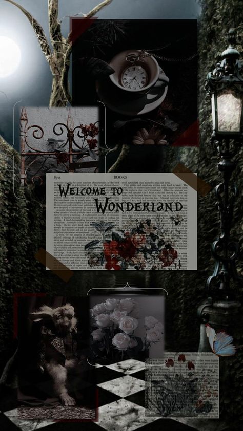 A collage with Alice in Wonderland themed images in an overall dark aesthetic Wonderland Dark Aesthetic, Alice In Wonderland Dark Aesthetic, Alice In Wonderland Dark, Quotes From Alice In Wonderland, Lewis Carroll Alice In Wonderland, Illustrated Quotes, Dark Alice In Wonderland, Alice In Wonderland Artwork, Wonderland Artwork