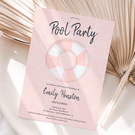 Pink Pool Party Invitation, Pool Party 13th Birthday, Pink Pool Party Aesthetic, Invitaciones Para Pool Party, Sweet Sixteen Pool Party, Pool Party Sweet 16, Swimming Party Invitations, Sweet 16 Pool Party Ideas, Pink Beach Party