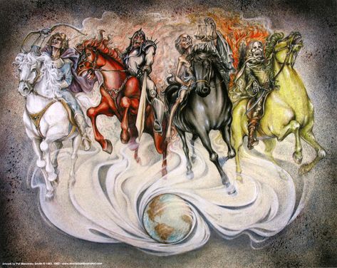 Revelation 6:2-4 - "And I saw, and behold a white horse: and he that sat on him had a bow; and a crown was given unto him: and he went forth conquering, and to conquer. And when he had opened the second seal, I heard the second beast say, Come and see. And there went out another horse that was red: and power was given to him that sat thereon to take peace from the earth, and that they should kill one another: and there was given unto him a great sword." Bible End Times, Four Horseman, Revelation 6, Four Horses, The Seventh Seal, End Times Prophecy, Pale Horse, Horsemen Of The Apocalypse, San Michele