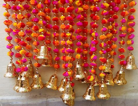 Woolen Pom Pom Garlands With Jingle Bells Indian Decoration | Etsy Navratri Decoration, Marigold Garland, Temple Decoration, Ganapati Decoration, Diwali Decorations At Home, Diy Diwali Decorations, Mehndi Decor, Pom Garland, Wedding Wall