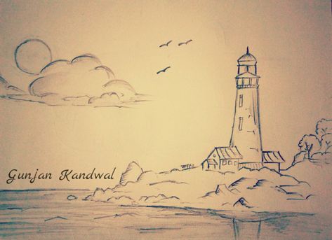 Lighthouse Drawing Simple, Light House Sketch, Light House Drawing Sketches, Pencil Sketch Simple, Lighthouse Landscape, Lighthouse Drawing, Sketch Simple, Painting Pictures, House Sketch