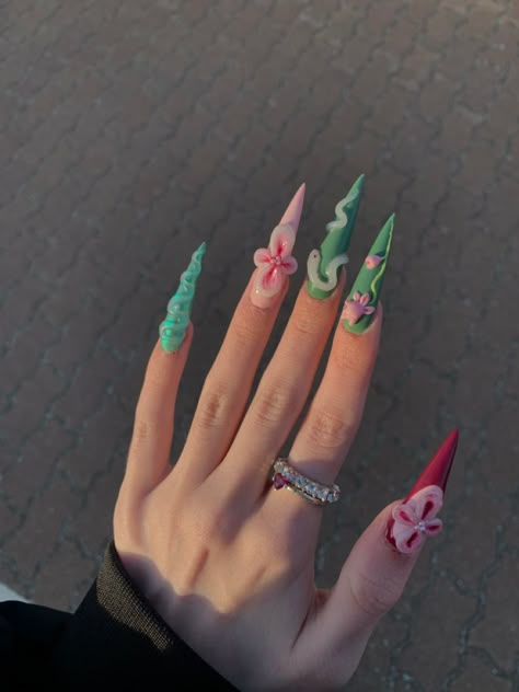 #nails #nailart #naildesign #nailartideas #spring #greenpink #pinknails #springnails #flowers #longnails #longnaildesigns Floral Stiletto Nails, Spring Long Nails, Long Stiletto Nails, Glamour Nails, Glow Nails, Dope Nail Designs, Exotic Nails, Really Cute Nails, Unique Acrylic Nails