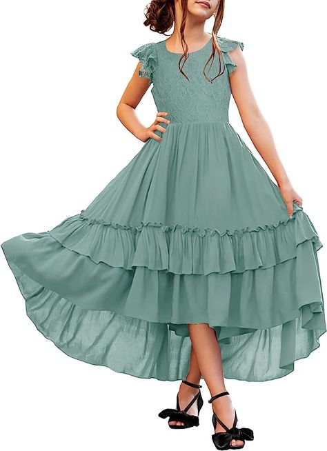 Amazon.com: HOSIKA Flower Girl Dress Elegant Ruffle Sleeve Flowy Maxi Formal Bridesmaid Dress for Wedding Light Green 10-11 Years: Clothing, Shoes & Jewelry Green Junior Bridesmaid Dresses, Sage Junior Bridesmaid Dresses, Lre Teen Bridesmaide Dresses Green, Flowy Dress For Kids 10-12, 10 Years Girl Dress, Float Dress, Boho Flower Girl, Junior Party Dresses, Formal Bridesmaids Dresses