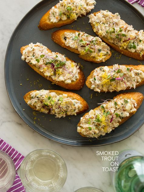 Smoked Trout on Toast Feta Toast, Smoked Trout Recipe, Cream Based Soups, Healthy Toast, Spoon Fork Bacon, Trout Recipes, Smoked Trout, Roasted Cherry, Roasted Cherry Tomatoes