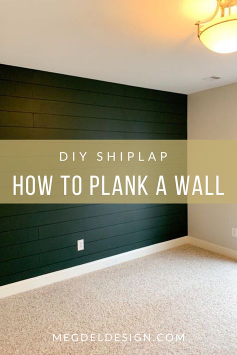 Learn how to easily plank a wall (DIY faux shiplap) for a bedroom feature wall! We did a plank wall for our nursery focal wall. This guide outlines how to choose your shiplap material, how to cut down shiplap planks, how to attach planks to drywall, all the way to the painting your shiplap wall! We love the dark green accent wall in this space and the farmhouse feel/farmhouse style. #megdeldesign #shiplapwall #plankwall #darkgreenwall #nurserydesign #nurserywall Diy Faux Shiplap, How To Plank, Diy Shiplap Wall, Shiplap Wall Diy, Green Accent Walls, Feature Wall Bedroom, Dark Green Walls, Shiplap Wall, Shiplap Accent Wall