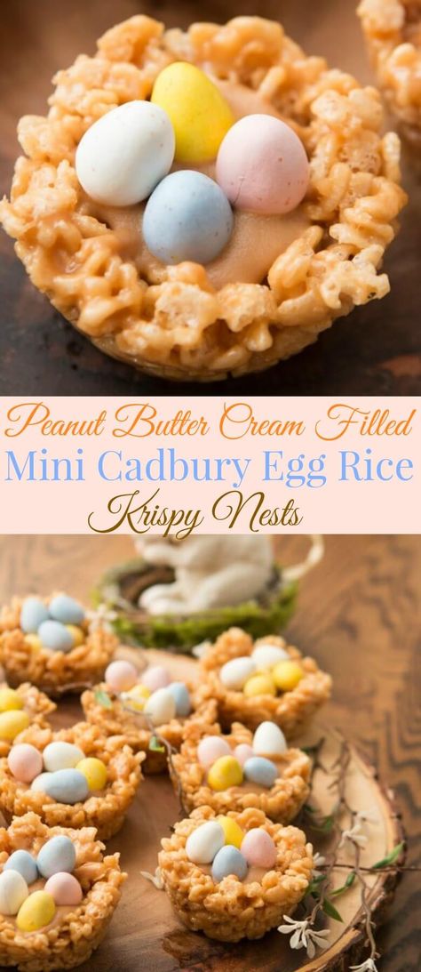 Peanut Butter Cream Filled Mini Cadbury Egg Rice Krispy Nests via @ohsweetbasil Egg Rice, Easter Food Appetizers, Peanut Butter Cream, Cadbury Eggs, Krispy Treats, Easter Desserts Recipes, Kid Desserts, Rice Krispy, Easter Baking