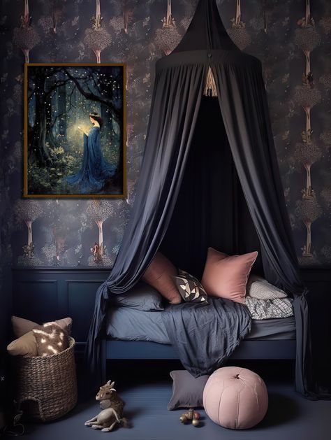 Magical blue nursery wall art Pagan Nursery Ideas, Fairy Nursery Baby Girl, Dark Nursery Ideas, Dark Blue Nursery, Forest Room Ideas, Enchanted Nursery, Girls Bedroom Color Schemes, Forest Room Decor, Gothic Nursery