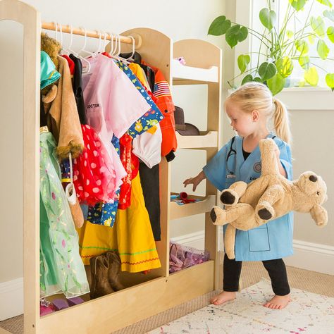 Kids See and Store Dress Up Center Playroom Wardrobe Storage, Costume Storage Kids, Dress Up Clothes Organization, Organize Dress Up Clothes, Dress Up Storage Diy, Kids Dress Up Area, Toddler Dress Up Station, Preschool Interior Design, Kids Dress Up Storage