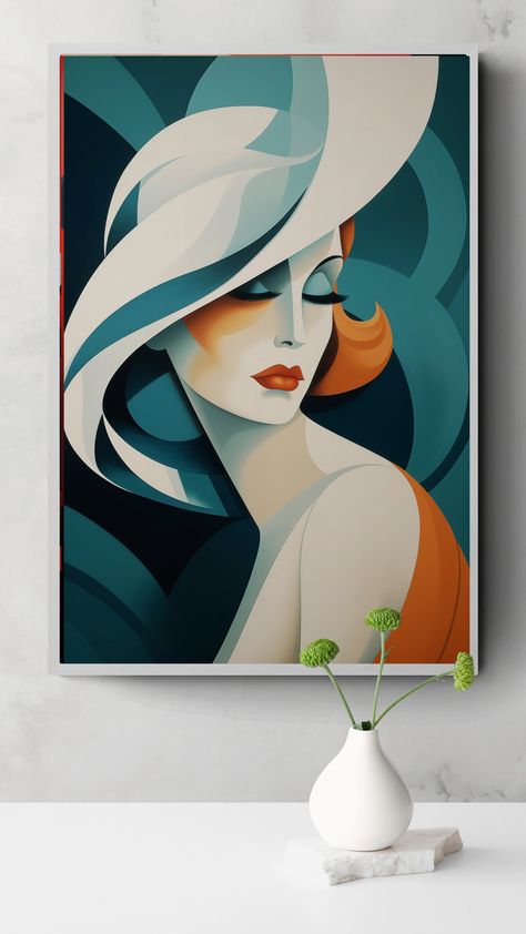 Art Deco Portrait, Art Deco Women, Art Deco Prints, Lips Art, Art Deco Paintings, Pop Art Drawing, Abstract Painting Techniques, Orange Lips, Art Deco Lady