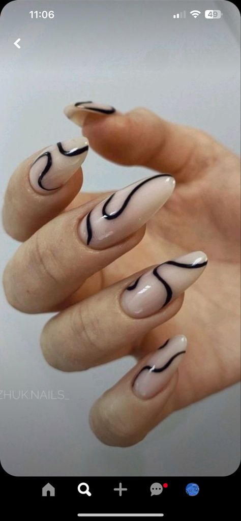 Short Swirl Nail Designs, Black Squiggly Line Nails, Swirly Lines Nails, Simple Squiggle Nails, Black Line Work Nails, Nail Design Sketch, Nail Designs Lines Patterns, Nail Art Squiggly Lines, Simple Line Design Nails