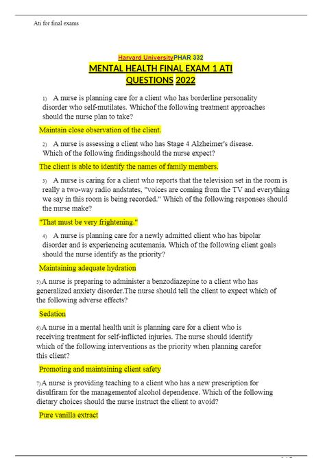 MENTAL HEALTH FINAL EXAM 1 ATI QUESTIONS 2022 WITH ALL CORRECT ANSWERS Nursing Courses, Mental Health Nursing, Television Set, Final Exam, The Nurse, Focus On What Matters, Nursing Notes, Final Exams, Two Way Radio