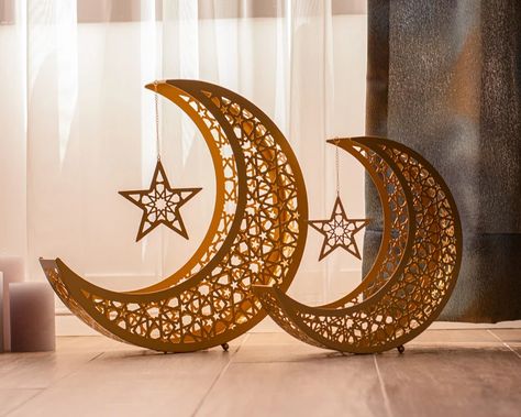 Gold Set of 2 Metal Ramadan Moon and Star Crescent Ramadan | Etsy Ramadan Tree, Arabic Lantern, Moroccan Candle Holder, Ramadan Moon, Eid Decorations, Home Decor Islamic, Ramadan Celebration, Eid Decor, Moon Set