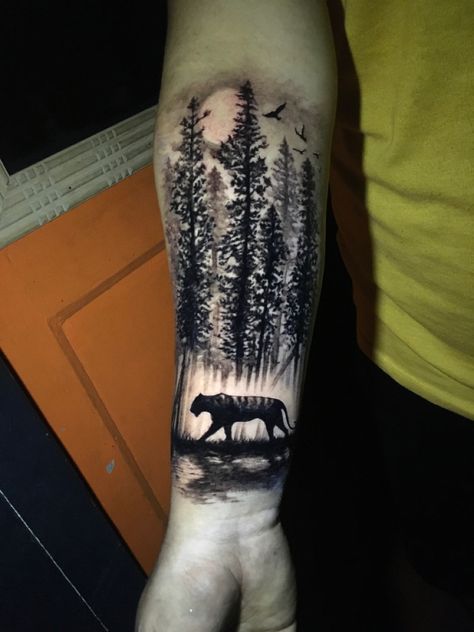 Silhoutte tiger jungle tattoo by Bju Mgr Tiger In Forest Tattoo, Tiger Forest Tattoo, Tiger Mountain Tattoo, Jungle Forearm Tattoo, Tiger Jungle Tattoo, Jungle Tattoo Design, Jungle Tattoo Sleeve, Jungle Tattoo Ideas, Fable Tattoo