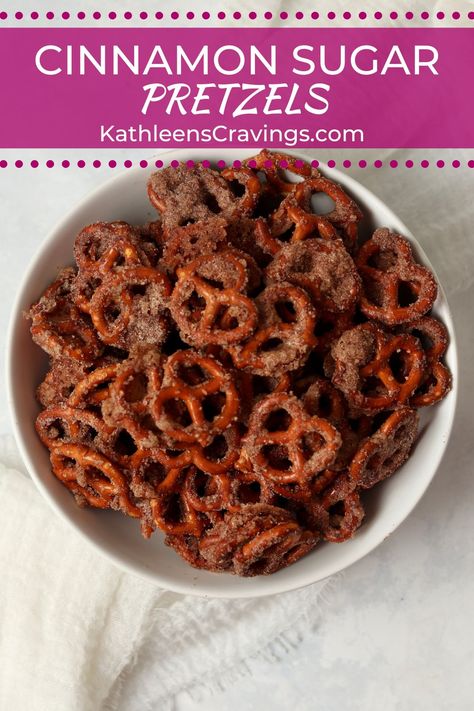 These Cinnamon Sugar Pretzels take under 20 minutes to make and use only 4 ingredients. They are the perfect sweet snack that tastes way better than the store-bought version. Puppy Chow Mix, Cinnamon Sugar Recipes, Seasoned Pretzels, Cinnamon Sugar Pretzels, Air Fryer Recipes Appetizers, Bars Chocolate, Snack Mixes, Breakfast Sweets, Soup Recipes Slow Cooker