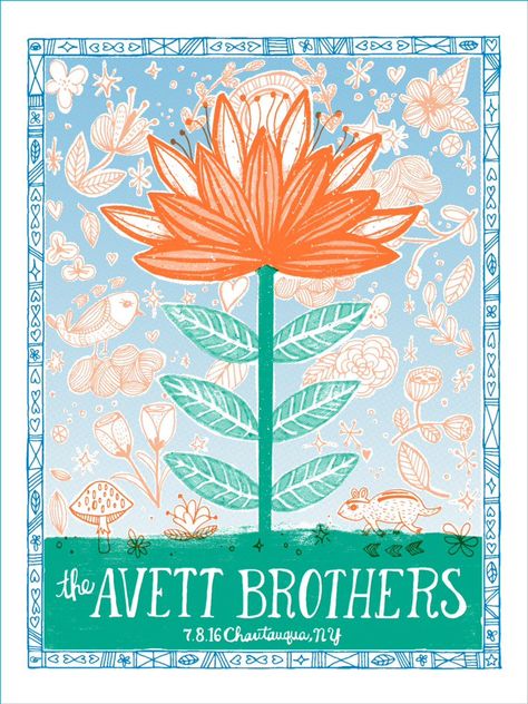 The Avett Brothers on Twitter: "Poster for tonight #SoldOut show at @chq is by @katstronaut. #CHQ https://t.co/CiXDplQMvT" Illustration Design Poster, Screen Print Ideas, Floral Doodles, Summer Ball, The Avett Brothers, Avett Brothers, Floral Doodle, Lyric Art, Concert Photos