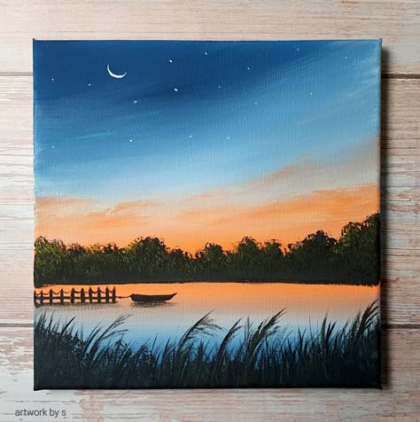 Original Acrylic Painting / Sunset Lake Scenery Painting. Finished with gloss varnish. Dispatched with Royal Mail. Large Canvas Landscape Painting, Art On Black Canvas Easy, Sunset Over Lake Painting, Night Time Landscape Paintings, Landscape Scenery Paintings, Scenery Paintings Easy, Cute Landscape Paintings, Painting Ideas On Canvas Scenery, Neutral Painting Ideas