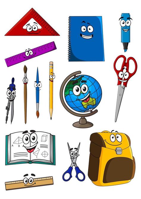 Happy cartoon school supplies characters School Concept Design, Cartoon School Supplies, Highlighter Pencil, School Concept, Happy Cartoon, School Backpack, Eps Vector, Free Illustrations, School Backpacks