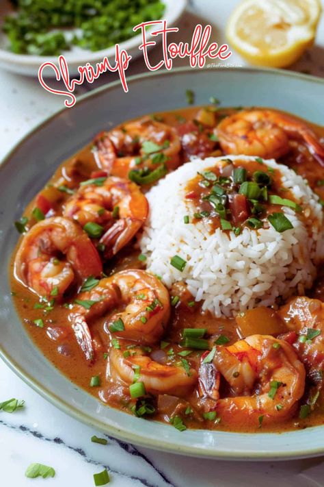 Get a taste of Louisiana with this Shrimp Étouffée recipe. It's simpler than you think to bring together juicy shrimp, a flavor-packed roux, and bold Southern spices. Your new favorite dinner is just a pot away! Joanna Gaines Shrimp Boil Recipe, Louisiana Ettouffe Recipe, Cajun Shrimp Etouffee, Shrimp Dinners For Two, Quick Dishes Easy Dinners, Louisiana Shrimp Recipes, Carribean Shrimp Recipes, Dinner Seafood, Smothered Shrimp