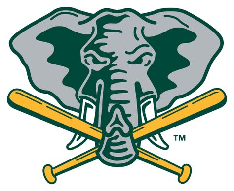 Oakland Athletics Alternate Logo (1993) - Elephant holding baseball bats with trunk on yellow Baseball Ideas, Athletics Logo, Baseball Teams Logo, Oakland A’s, Mlb Logos, Sports Wallpapers, Oakland Athletics, Baseball Team, Sports Logo