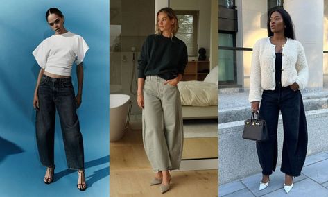 What are barrel-leg jeans? The trending denim shape to try now Barrel Pants Outfit Winter, How To Style Barrel Jeans, Barrel Jeans Outfit, Double Denim Fashion, Barrel Leg Jeans, Zara Mom Jeans, Balloon Jeans, Barrel Jeans, Winter Pants Outfit