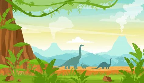 Silhouette of dinosaurs on the jurassic ... | Premium Vector #Freepik #vector #tree #nature #cartoon #mountain Dinosaur Environment, Environment Pictures, Kids Room Wall Murals, Jungle Wall Mural, Dinosaur Silhouette, Kids Room Murals, Nursery Wall Murals, Dinosaur Pictures, Dinosaur Illustration