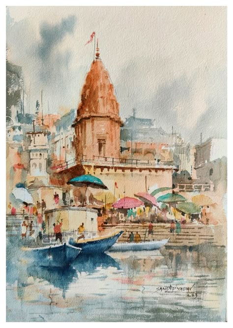 Title - Banaras Medium- watercolor on paper Size- A/4 Banaras Ghat Watercolor, Vanarasi Ghat Sketch, Banaras Drawings, Crowd Reference, Banaras Painting, Banaras Aesthetic, Watercolour Eyes, Banaras Ghat, Watercolor Scenery Painting