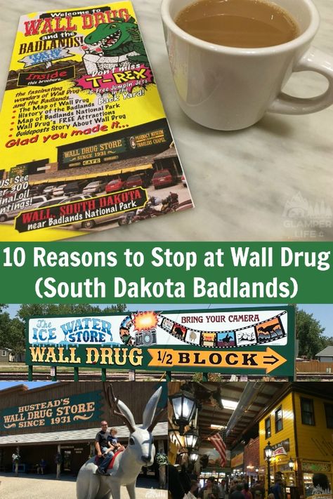 Let’s face it: getting there really CAN be half the fun!  This is especially true when you break up a big drive by stopping at quirky, out-of-the-ordinary roadside attractions. I don’t know about you, but many times these impromptu stops end up being trip highlights! If you are looking for reasons to stop at Wall Drug in Wall, South Dakota (near Badlands and Rapid City) keep reading.  We will never forget our afternoon there! #roadsideamerica #walldrug #glamperlife #familytravel #southdakota Wall South Dakota, Wall Drugstore South Dakota, South Dakota Road Trip, South Dakota Vacation, South Dakota Travel, Rapid City South Dakota, Yellowstone Trip, Route 66 Road Trip, Cross Country Trip