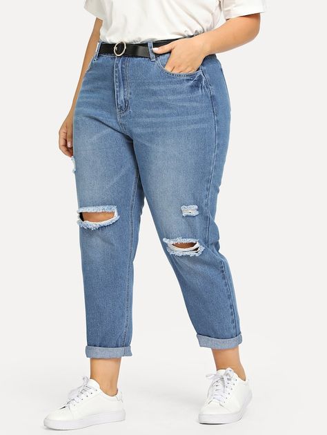 Plus Ripped Rolled Up Hem Jeans | SHEIN Plus Size Mom Jeans, Comfy Jeans Outfit, Mom Jeans Outfit, Outfit Jeans, Raw Hem Jeans, Hem Jeans, Jeans Online, Curvy Outfits, Plus Size Jeans