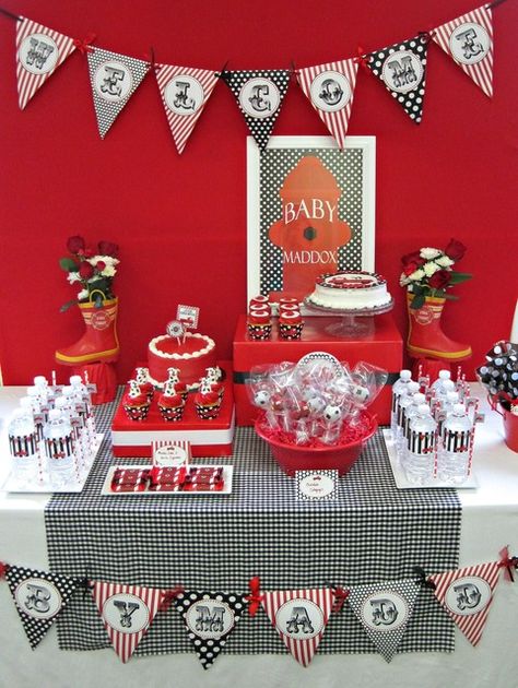 Photo 1 of 10: Firetrucks and Dalmatians / Baby Shower/Sip & See "Fireman Baby Shower" | Catch My Party Fireman Birthday Party Ideas, Fireman Baby Showers, Fireman Birthday Party, House Safety, Baby Shower Giveaways, Firefighter Baby Showers, Fireman Party, Firetruck Birthday Party, Fire Truck Party